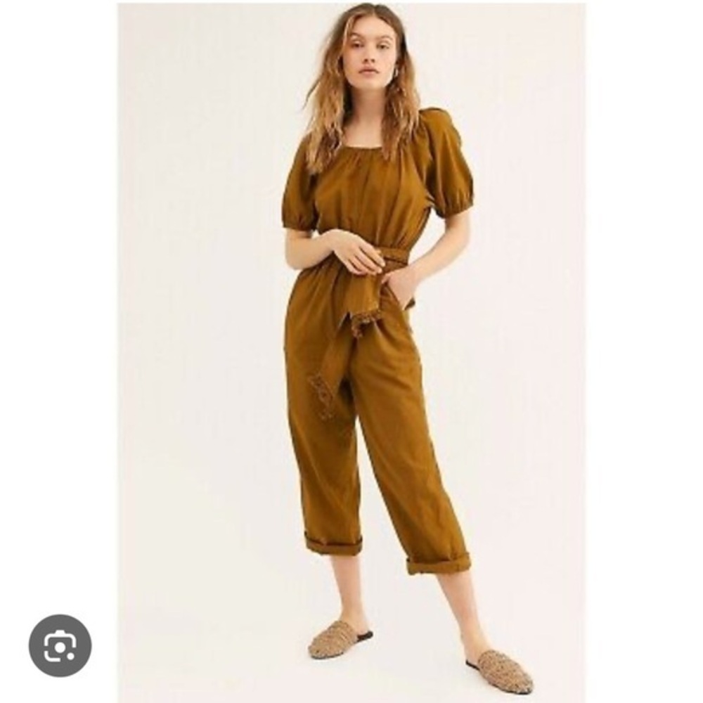 Free People Green Puff Sleeve boho belted nalani  Jumpsuit